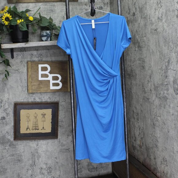NWT 24Seven Comfort Apparel Womens Knit Faux Wrap Short Sleeve Dress Blue L - Picture 1 of 5
